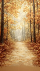 Obraz premium A path winding through an autumn forest lit by soft sunlight filtering through the orange and yellow leaves of the tall