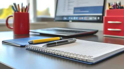 Arrangement of Workspace Table with Office Supplies and Blurred Laptop Monitor with Natural Light from Window in Background