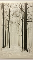 Fototapeta premium A wintery forest scene with tall barren trees standing in a snowy landscape fading into a misty background