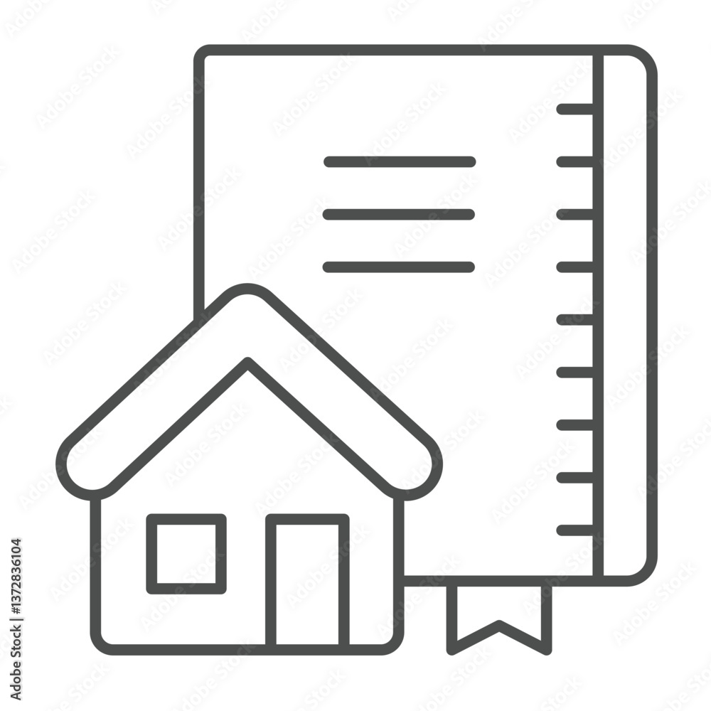 Poster architect notebook and house thin line icon, architect studio concept. vector graphics. notepad with