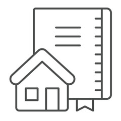 Architect notebook and house thin line icon, architect studio concept. Vector graphics. Notepad with cottage building sign on white background, outline style icon for mobile or web design.