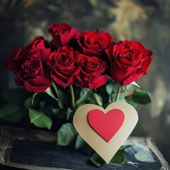 A close-up of a small bouquet of deep red garden roses with green leaves and a beige heart-shaped card featuring a smaller red heart, set against a blurred, dark background.
