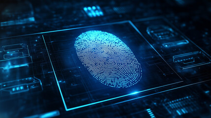 A glowing fingerprint scan on a futuristic digital interface