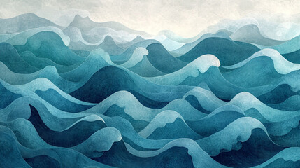 Obraz premium Abstract waves in shades of blue and white with mountains in the background creating a serene scene.