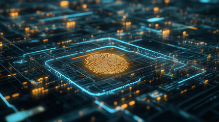 A glowing fingerprint scan on a futuristic digital interface