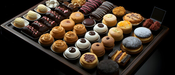 Assorted Miniature Pastries on Dark Brown Tray with Variety of Chocolate Coated Treats Displayed Under Bright Studio Lighting On Black Background