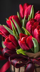 Fototapeta premium A bouquet of red tulips wrapped in brown kraft paper and tied with a dark burgundy ribbon