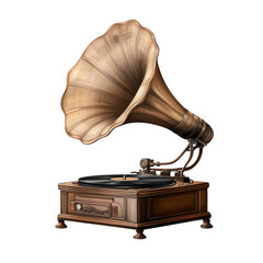 Realistic, Retro gramophone record player with horn speaker, detailed vintage style, isolated transparent background.
