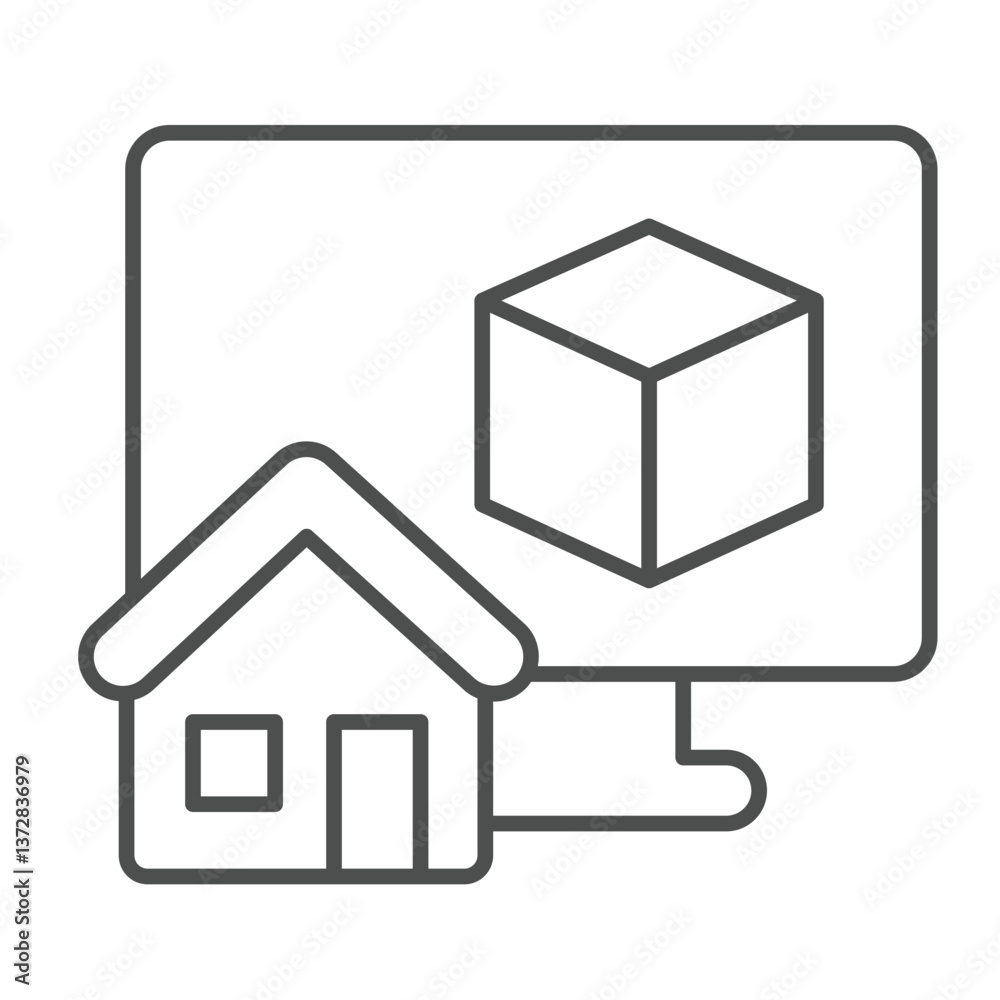 Poster monitor with 3d square and house thin line icon, architect studio concept. vector graphics. display 