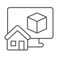 Monitor with 3D square and house thin line icon, architect studio concept. Vector graphics. Display with 3D building program sign on white background, outline style icon for mobile or web design.