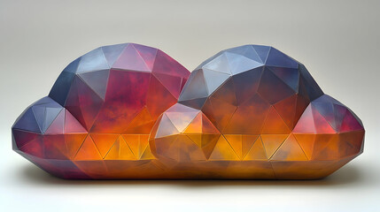 A polygonal design shows two cloud-shaped forms transitioning from orange to blue and purple creating a gradient again