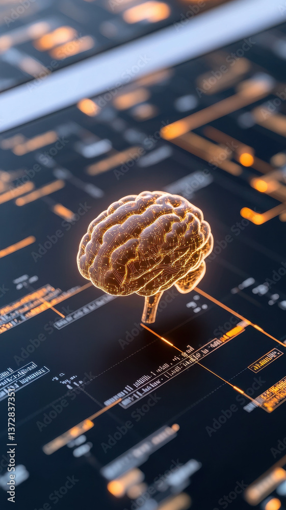 Poster glowing digital brain floats over futuristic interface, symbolizing ai and data processing