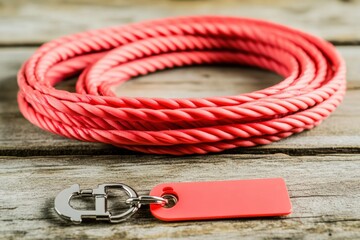 Bright rescue collar with tag lying on wooden surface Generative AI