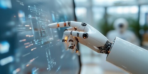 robotic hand interacts with digital interface, showcasing futuristic AI technology