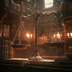  Antique bronze scales of justice on a wooden table in a dimly lit library
