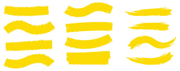 Obraz premium Yellow vector marker graphic stylish element. Highlighting and underlining text. Brush lines. Hand drawn marker strokes. Stripes of text markers. Watercolor hand drawn highlight set. Brush paint strok