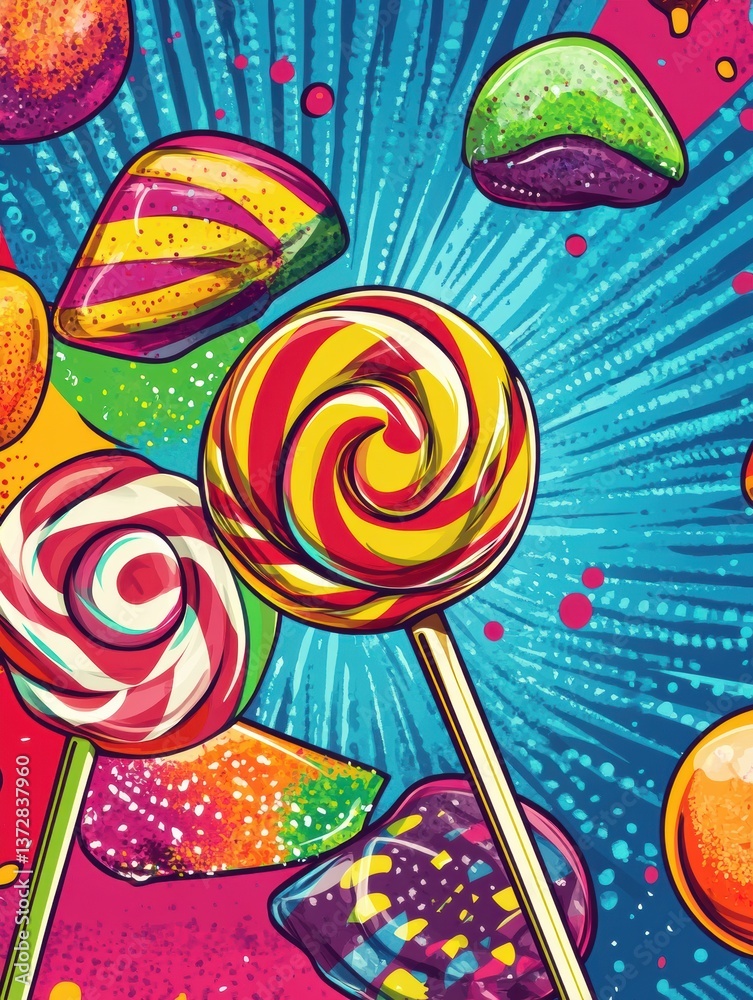 Aufkleber bright pop-art background with colorful lollipops and vibrant candy shapes showcasing a playful and 