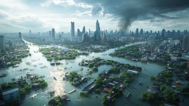 Flooding crisis in urban landscape aerial view of waterlogged city with skyscrapers environmental disaster