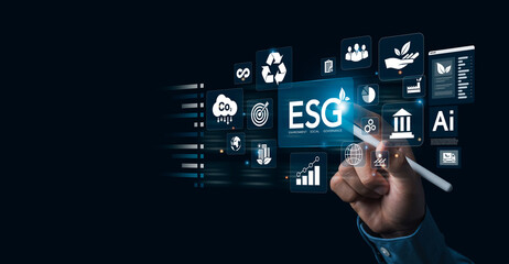 ESG concept for environment, social, and governance in sustainable and ethical business. Businessman pressing button on screen with esg icon