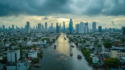 Obraz premium Sunset overlooking the urban skyline bangkok city aerial view modern architecture tranquil waterscape