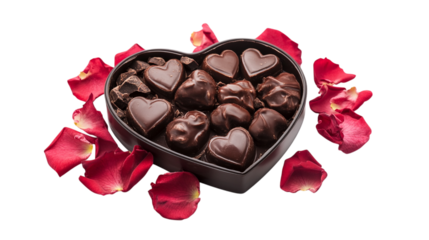 A Valentine?s heart-shaped chocolate box with rose petals, isolated on white background --ar 16:9
