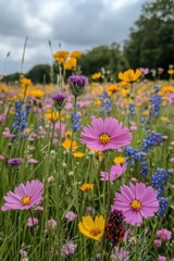 Obraz premium Vibrant meadow displaying a tapestry of colorful wildflowers under a cloudy sky in a serene natural setting