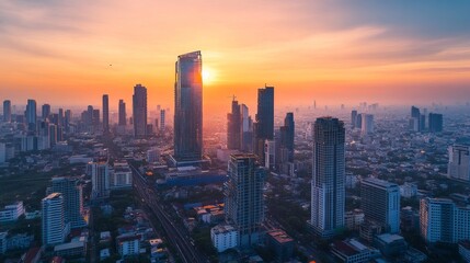 Urban sunset view over skyscrapers cityscape aerial photography evening panoramic perspective