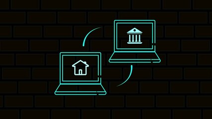 Laptop outline in bank and home icon animated. laptop computer network and money transfer concept. 4k Motion.