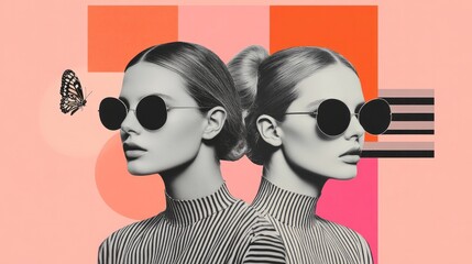 Fototapeta premium Fashionable women wearing sunglasses with a geometric background pattern