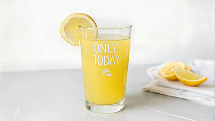 Fresh Lemon Drink in a Glass with "Only Today" Text — Promotional Summer Beverage Concept

