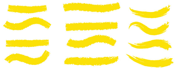 Obraz premium Yellow vector marker graphic stylish element. Highlighting and underlining text. Brush lines. Hand drawn marker strokes. Stripes of text markers. Watercolor hand drawn highlight set. Brush paint strok