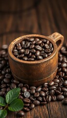 A rustic wooden cup overflowing with dark roasted coffee beans, close-up, sack