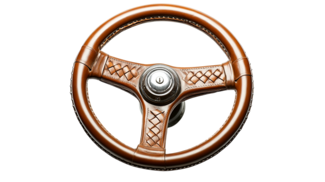 A vintage steering wheel with leather stitching, isolated on white background --ar 16:9