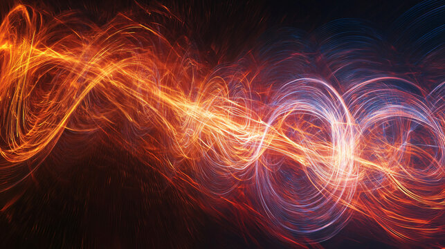 Vibrant swirling energy patterns in bright orange and blue colors representing celestial energy fields and hyperbolic energy loops.