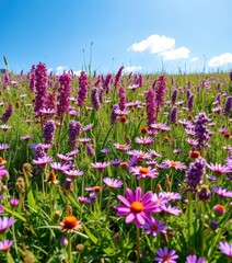 A vibrant meadow bursting with purple and pink wildflowers, bathed in sunlight under a cloudless sky, background, wildflowers