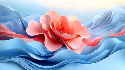 Abstract art showcasing a large coral flower with blue wavy layers mimicking an ocean background Soft gradient sky
