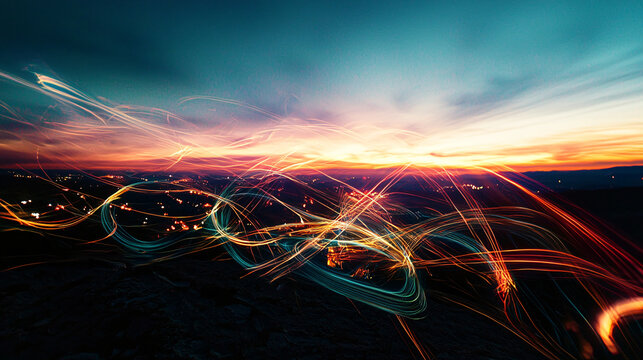 Beautiful sunset with light trails creating a stunning celestial scene of energy fields and hyperbolic loops in a vibrant atmosphere.