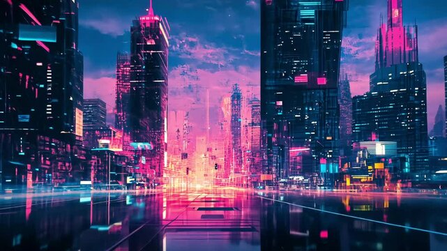 Vibrant cyberpunk cityscape with neon pink and blue lights, futuristic skyscrapers and digital glitch atmosphere.