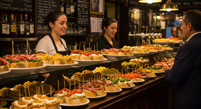 Authentic basque pintxos bar featuring a vibrant assortment of savory bites
