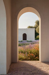 Obraz premium Surreal scene with walls and arched doorway leading into a field of wildflowers creating a natural, meadow-like landscape within the architectural space