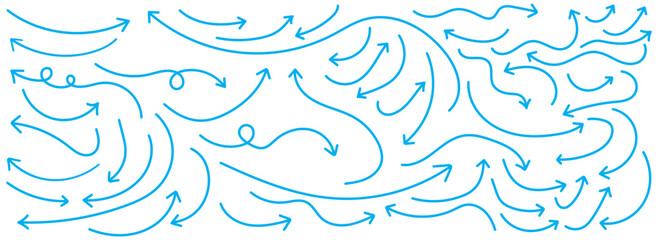 Hand drawn vector arrows doodle set. Long curved hand drawn arrow vector. grunge arrow . Set of black hand drawn grunge doodle spiral and curved charcoal. Set of blue hand drawn doodle arrows. 