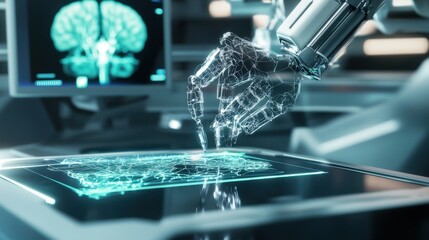 A technician programming AI controlled surgical microbots, futuristic operating room with interactive 3D anatomical holograms, High-tech style