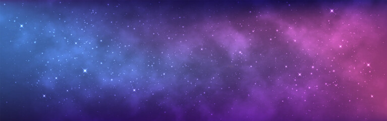 Galaxy background. Starry universe with constellations. Purple and blue nebula. Color wide gradient with shining stars. Beautiful milky way wallpaper. Vector illustration.