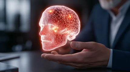 A person holds a holographic brain, representing advanced technology in a futuristic manner. The image focuses on innovation and knowledge.  © Kyrtap_Studio