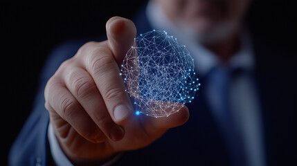 a businessman's hand is touching a digital sphere, representing global connection and technology. Captures a concept of the future