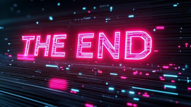 Futuristic text THE END in neon pink color on dark background