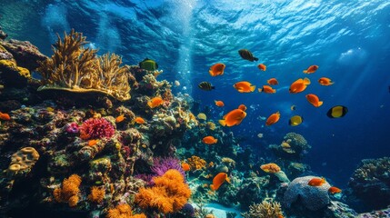 Fototapeta premium Underwater scene with coral reef and fish swimming in clear