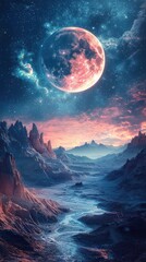Lunar eclipse astronomy alignment concept. A stunning cosmic landscape featuring a vibrant moon and dramatic rock formations under a starry sky, evoking a sense of wonder and exploration.