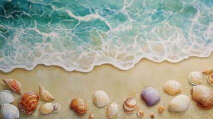 Seashells on sand near ocean waves creating a beach scene.