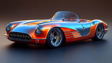 Classic Roadster with Chrome Accents on Dark Surface Shiny Metallic Red and Blue Convertible Car with Chrome Wheels Parked on Wet Ground During Day